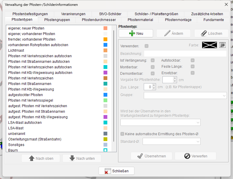 Pfosten- und Schilderinformationen