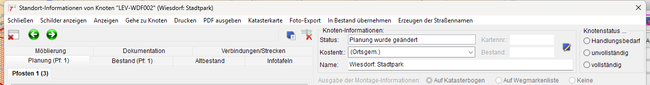 Standortdialog Menü und Status