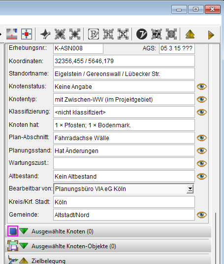 Detaildaten eines ausgewählten Knotens