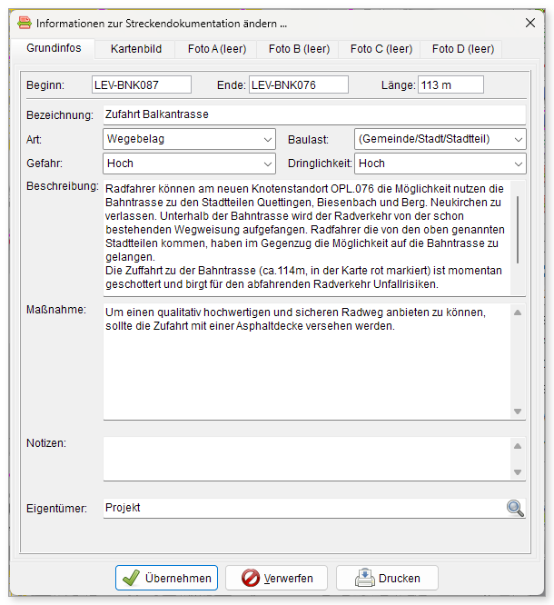 Informationen zur Streckendokumentation