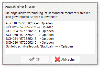 Auswahl, wenn mehrere Strecken über die angeklickte Verbindung laufen