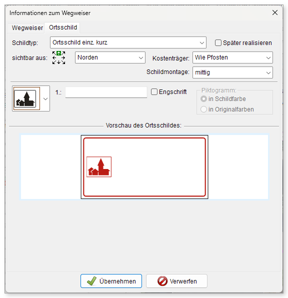 Registerkarte „Ortsschild“ im Wegweiserdialog
