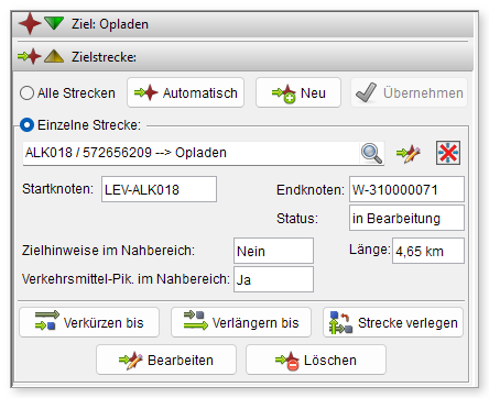 Kategorie „Zielstrecken“ mit einer ausgewählten Einzelstrecke