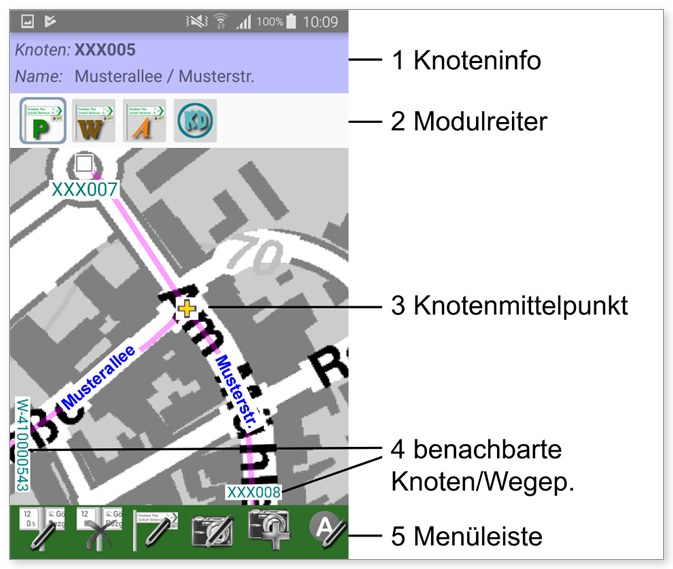 Standortinformation in VP-Mobile: Knoteninfo, Modulreiter, Katasterkarte und Menüleiste