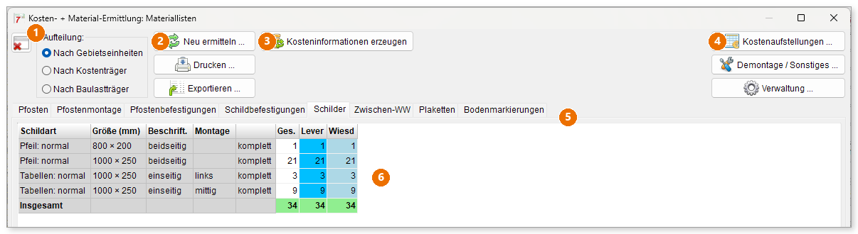 Materialliste, Registerkarte „Schilder“: 34 Schilder, aufgeteilt auf Leverkusen und Wiesdorf