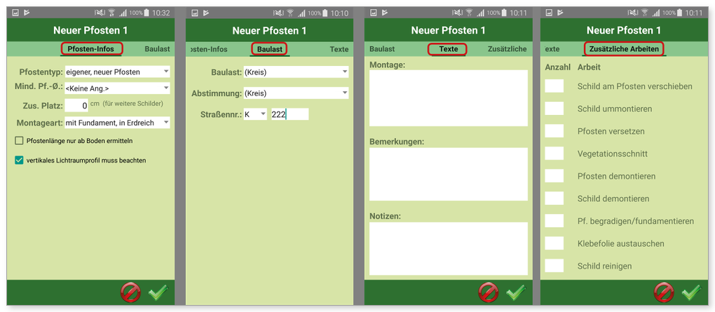 Die Themenfelder der Pfosteneingabe in VP-Mobile