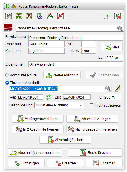 Kategorie „Route“ mit der Route „Panorama-Radweg Balkantrasse“ und einem ausgewählten Abschnitt
