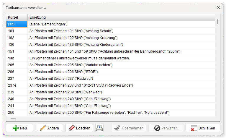 Textbausteine verwalten