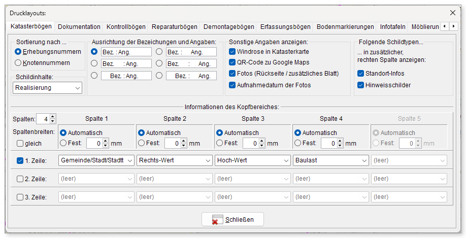 Drucklayouts, Registerkarte „Katasterbögen“