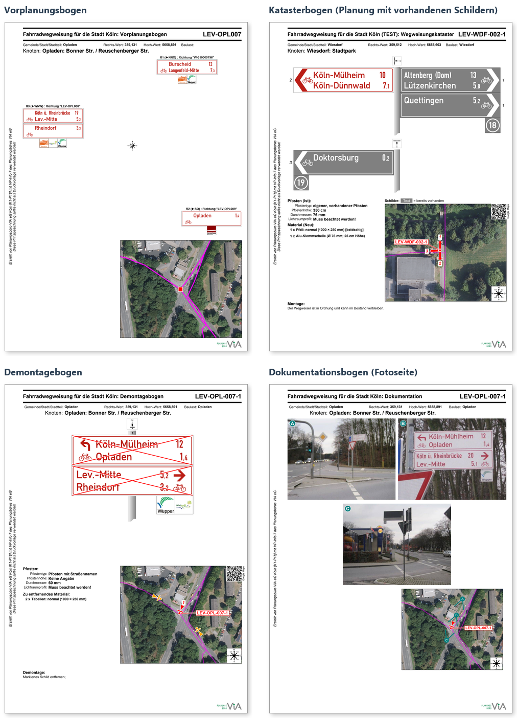 Beispiele: Vorplanungsbogen, Katasterbogen mit vorhandenen Schildern, Demontagebogen und Fotoseite eines Dokumentationsbogens