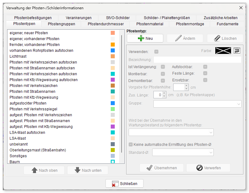 Verwaltung der Pfosten-/Schilderinformationen, Registerkarte „Pfostentypen“