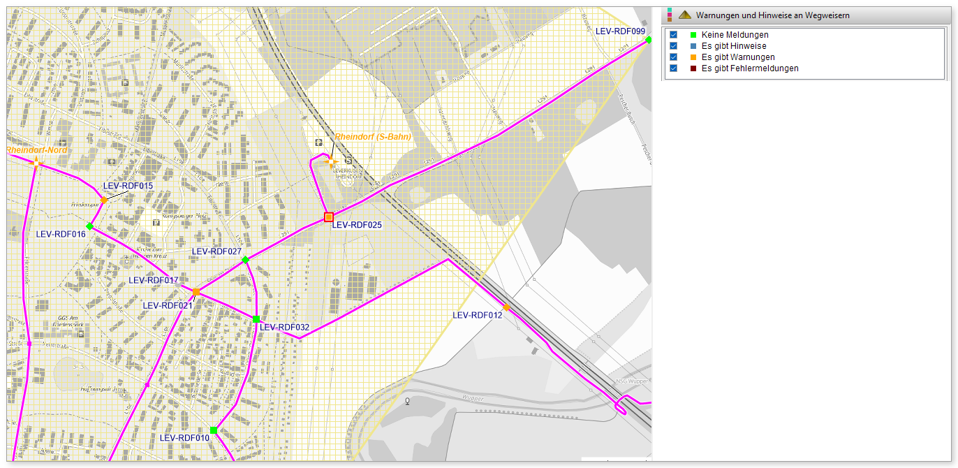 Ansicht „Warnungen und Hinweise an Wegweisern“: grün = keine Meldungen, orange = Warnungen (z. B. LEV-RDF025)