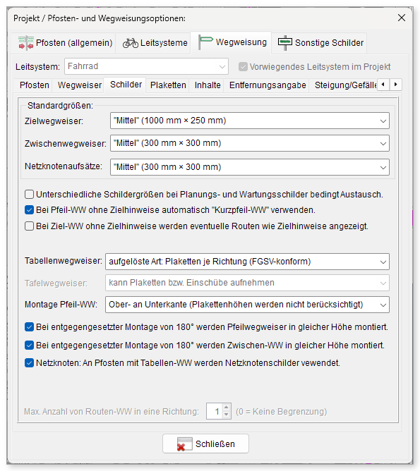 Pfosten- und Wegweisungsoptionen, Registerkarte „Wegweisung“ > „Schilder“